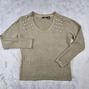 RDI‎ Sweater Women's Small Olive Green Studded Scoop Neck Soft Knit Pullover